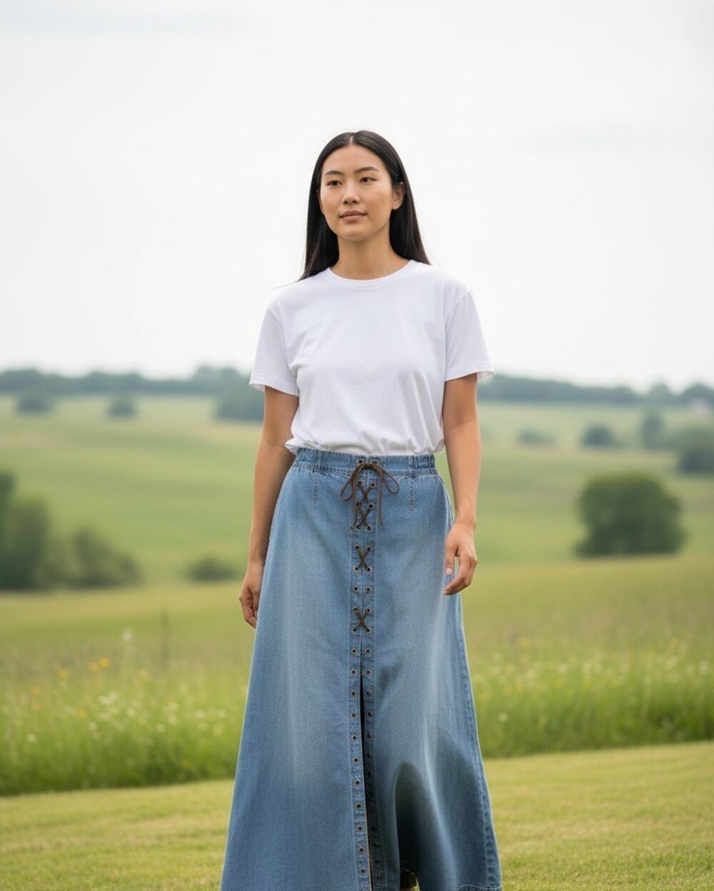 Vintage Jean Shout Skirt Womens M Blue Denim Lace Up Maxi Front Slit Boho Hippie